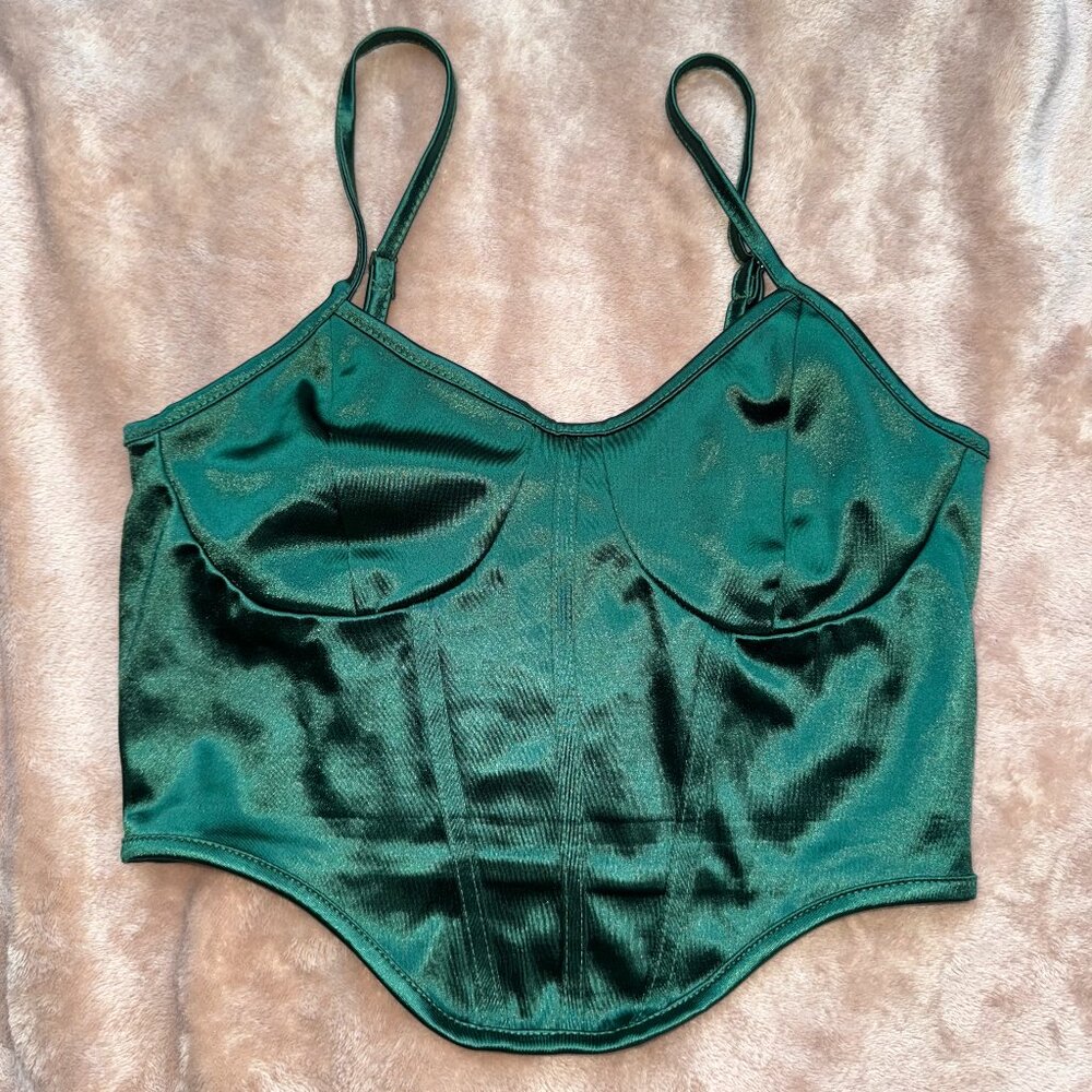 Emerald Green Satin Corset Cropped Top -- Size Small